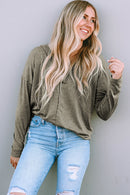 Khaki Long Sleeve V Neck Stitching Henley Top