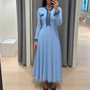 Autumn/Winter New Long Sleeve Denim Knit Maxi Dress, Simple Short Sleeve Long Dress, Slim Fit Sweater Dress V-Neck