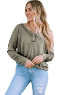 Khaki Long Sleeve V Neck Stitching Henley Top