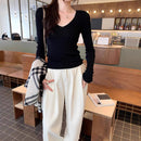 Soft Style Yellow V-Neck Long Sleeve Knit Sweater Women Fitted Slimming Inner Layer Top