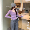 Soft Style Yellow V-Neck Long Sleeve Knit Sweater Women Fitted Slimming Inner Layer Top