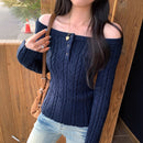 Cable Knit Off-Shoulder Grey Knitwear Top for Women, Long Sleeve