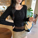 Cable Knit Off-Shoulder Grey Knitwear Top for Women, Long Sleeve