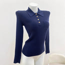 Home French Style Embroidered Ribbed Polo Neck Long Sleeve Knit Top