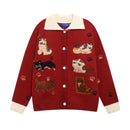 Cute cat embroidered lapel sweater cardigan jacket