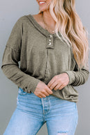 Khaki Long Sleeve V Neck Stitching Henley Top
