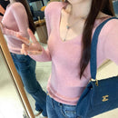 Soft Style Yellow V-Neck Long Sleeve Knit Sweater Women Fitted Slimming Inner Layer Top