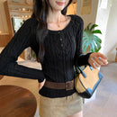 Cable Knit Off-Shoulder Grey Knitwear Top for Women, Long Sleeve