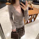 Soft Style Yellow V-Neck Long Sleeve Knit Sweater Women Fitted Slimming Inner Layer Top