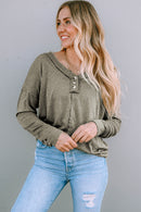 Khaki Long Sleeve V Neck Stitching Henley Top