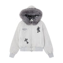 Leopard embroidered fur collar hooded cotton jacket