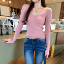 Soft Style Yellow V-Neck Long Sleeve Knit Sweater Women Fitted Slimming Inner Layer Top