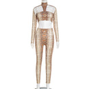 Snake Print Crop Top with Long Sleeves &amp; Fitted Pants Two-Piece Set