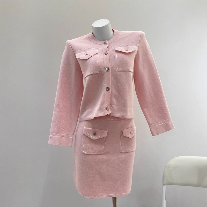 French Style Little Black Dress Set Pink Fashion Knit Cardigan with Ro