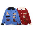 Cute cat embroidered lapel sweater cardigan jacket