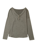 Khaki Long Sleeve V Neck Stitching Henley Top