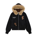 Leopard embroidered fur collar hooded cotton jacket