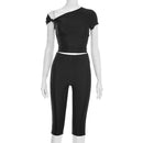 Style Women's Fashion Sexy Solid Color Slim Fit Asymmetrical Shoulder Knot Set
