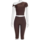 Style Women's Fashion Sexy Solid Color Slim Fit Asymmetrical Shoulder Knot Set