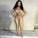 Snake Print Crop Top with Long Sleeves &amp; Fitted Pants Two-Piece Set