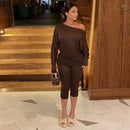 Style Autumn Women's Asymmetrical Shoulder Loose Long Sleeve Top with Fitted Seven-quarter Pants Casual Outfit Set