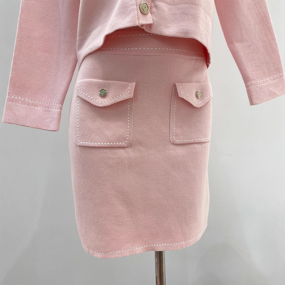 French Style Little Black Dress Set Pink Fashion Knit Cardigan with Ro French Style Little Black Dress Set Pink Fashion Knit Cardigan with Ro