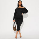 Style Autumn Women's Asymmetrical Shoulder Loose Long Sleeve Top with Fitted Seven-quarter Pants Casual Outfit Set