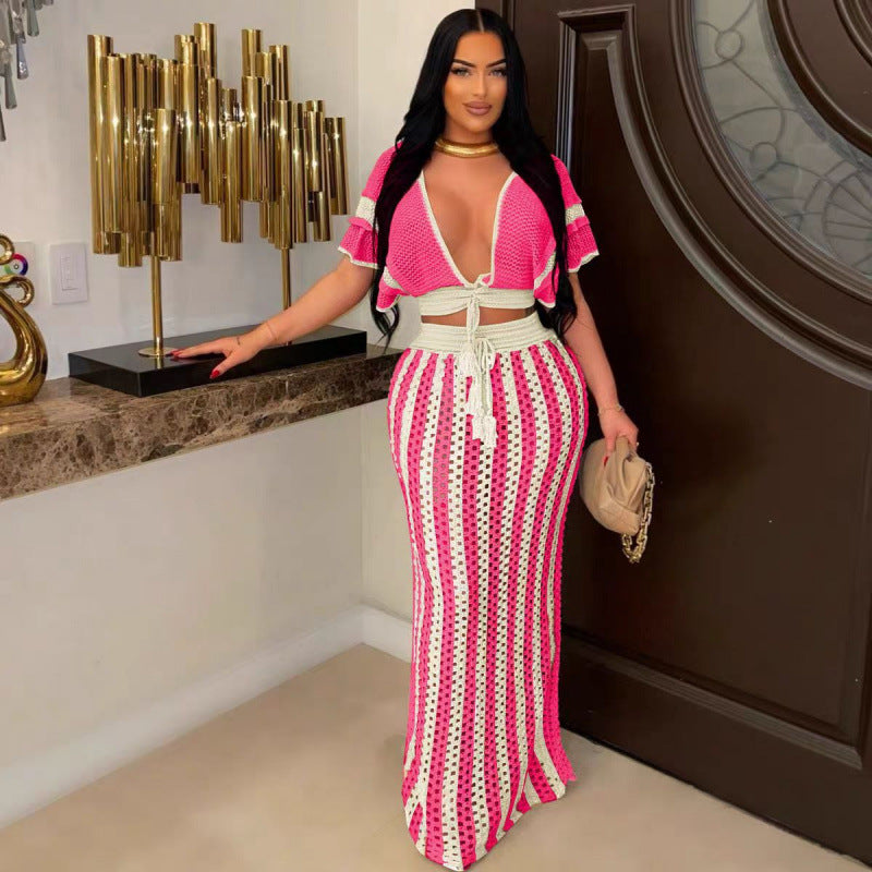 Sexy Fitted Knit V-Neck Cut-Out Stripe Women's Long Dress Set