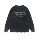 Letter printed vintage washed long sleeved pullover knitted sweater