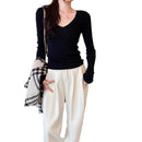 Soft Style Yellow V-Neck Long Sleeve Knit Sweater Women Fitted Slimming Inner Layer Top