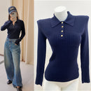 Home French Style Embroidered Ribbed Polo Neck Long Sleeve Knit Top