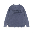 Letter printed vintage washed long sleeved pullover knitted sweater