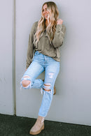 Khaki Long Sleeve V Neck Stitching Henley Top