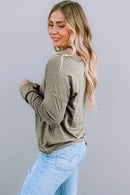Khaki Long Sleeve V Neck Stitching Henley Top