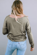Khaki Long Sleeve V Neck Stitching Henley Top