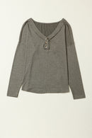 Khaki Long Sleeve V Neck Stitching Henley Top